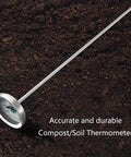 20 Inch Stainless Steel Soil Thermometer With Waterproof Stem for compost garden and lawn care shown on soil, accurate reading
