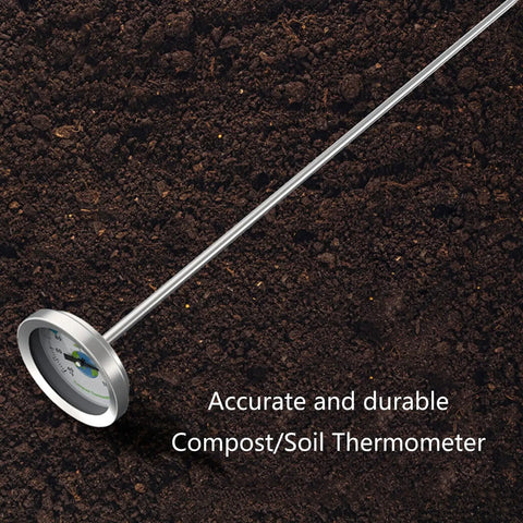 20 Inch Stainless Steel Soil Thermometer With Waterproof Stem for compost garden and lawn care shown on soil, accurate reading