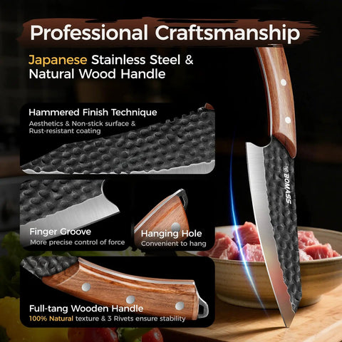 Hand Forged Japanese Chef Knife Set 3 Piece Kitchen Knife Bundle with Viking Chef Knife and Santoku Knife details