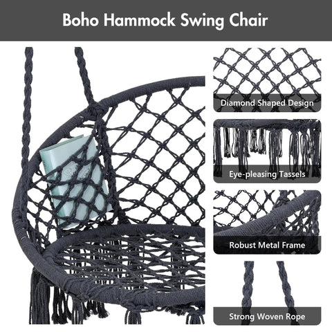 Close-up of Boho hammock swing chair with diamond mesh and tassels, part of Ultimate Outdoor Hammock Swing With Stand For Your Patio.