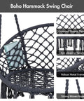 Heavy Duty Hanging Swing Chair With Stand Included For Outdoor Chill Sessions, Cushioned Hammock Chair For Patio Or Yard Up To 400 Lbs, Dark Grey With Removable Padded Cushion And Easy Assembly showing diamond crocheted pattern and tassels.