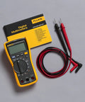 Digital Multimeter With Non Contact Voltage Detection VoltAlert Technology AutoVolt Automatic AC And DC Voltage Selection Low Impedance Mode To Prevent Ghost Readings Measures Resistance Continuity Frequency Capacitance Min Max And Average LED Backlight shown with probes and manual