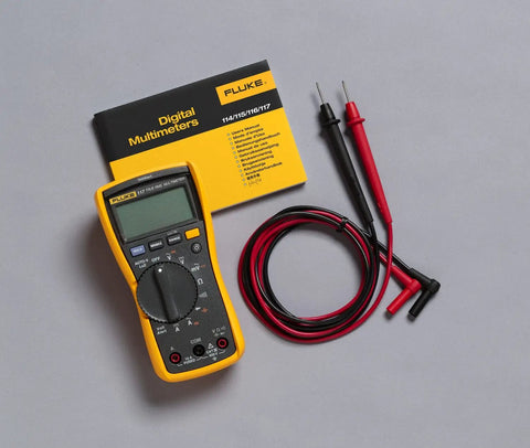 Digital Multimeter With Non Contact Voltage Detection VoltAlert Technology AutoVolt Automatic AC And DC Voltage Selection Low Impedance Mode To Prevent Ghost Readings Measures Resistance Continuity Frequency Capacitance Min Max And Average LED Backlight shown with probes and manual
