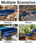 Waterproof Outdoor Cushion Covers For Patio Furniture, 8 Piece Navy Solid Stretch Slipcovers on various furniture setups