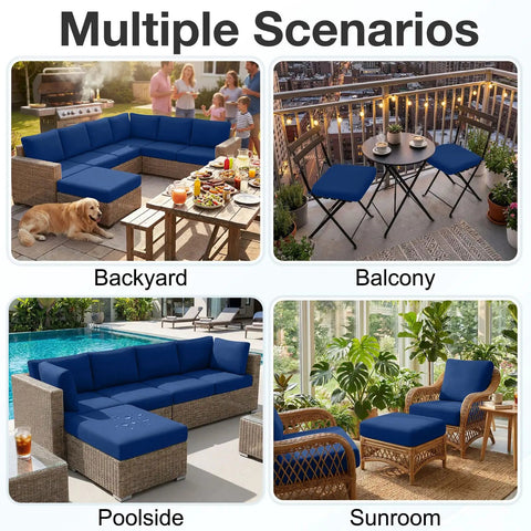 Waterproof Outdoor Cushion Covers For Patio Furniture, 8 Piece Navy Solid Stretch Slipcovers on various furniture setups