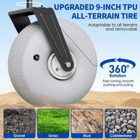 Close-up of a 9-inch TPU all-terrain tire of Heavy Duty Beach Wagon With Big Wheels For Sand 450 Lb Load Foldable Cart