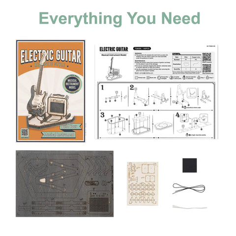 DIY Wooden Guitar Kit 3D Puzzle Craft Build Your Own Electric Guitar Model kit components and assembly instructions shown