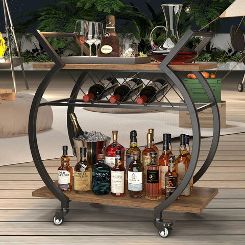 Smooth Rolling Industrial Bar Cart With Spacious Wooden Shelves And Rock Solid Wheels For Your Kitchen Or Lounge Space with bottles and glasses.