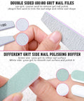 Close-up of All In One Nail Care Kit with double sided 100/180 grit files and different grit buffers in use on nails.