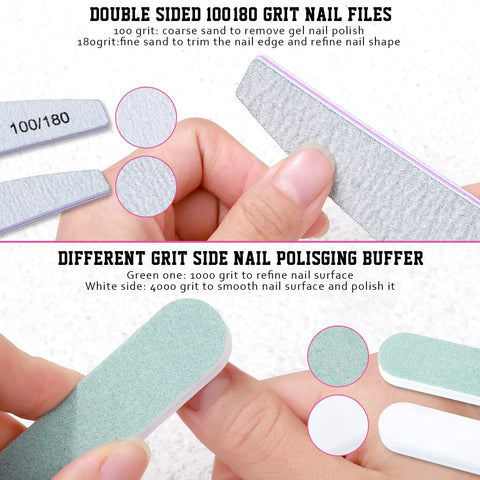 Close-up of All In One Nail Care Kit with double sided 100/180 grit files and different grit buffers in use on nails.