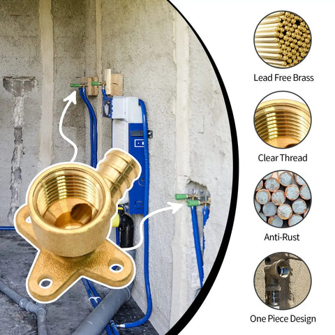 Close-up of brass drop ear elbow fitting in use, labeled features, part of 10 Pack Drop Ear Elbow Fittings For PEX 1/2 In X 1/2 In NPT Female Threads