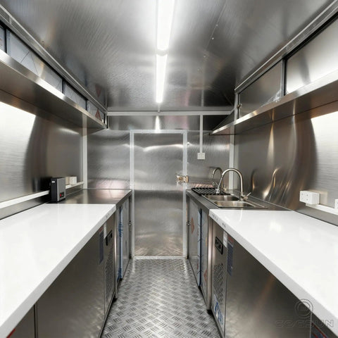 Interior view of Kickstart Your Food Truck Trailer And Hot Dog Cart Venture With Commercial Mobile Kitchen Rig, featuring stainless steel counters and sinks.