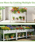 Raised Garden Bed On Wheels With Storage Shelf And Water Level Monitor, planted with colorful flowers, shown in single and multiple setups.
