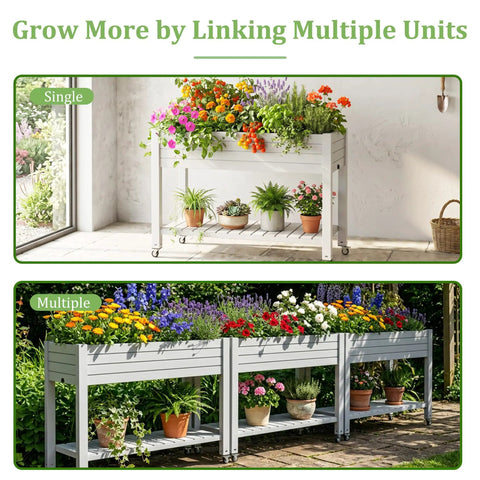 Raised Garden Bed On Wheels With Storage Shelf And Water Level Monitor, planted with colorful flowers, shown in single and multiple setups.