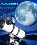 150mm Aperture Astronomy Telescope With 650mm Focal Length For Adults And Beginners Delivers Awesome Night Sky Views With Crystal Clear Images And Easy Setup For Family Stargazing Adventures That Rock. White telescope with phone adapter and EQ mount for moon photography