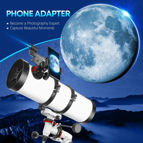 150mm Aperture Astronomy Telescope With 650mm Focal Length For Adults And Beginners Delivers Awesome Night Sky Views With Crystal Clear Images And Easy Setup For Family Stargazing Adventures That Rock. White telescope with phone adapter and EQ mount for moon photography
