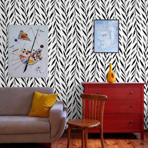 Black And White Peel And Stick Wallpaper Leaf Contact Paper 17.7 Inch By 590.4 Inch For Bathroom And Living Spaces Self Adhesive Decorative Wallpaper Easy Install Oriental Ink Style Slick Modern Vibe 72.5 Sq Ft in living room with art and furniture