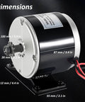 350W 24V Brushed DC Motor For Electric Scooters And DIY Projects Delivers 2750 RPM Speed, side view, showing size dimensions.