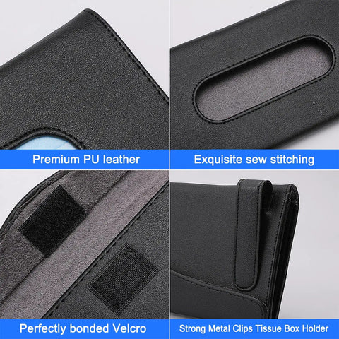 Close-up of Two Pack Car Tissue Holder Sun Visor Napkin Holder In Premium PU Leather Black with stitching and Velcro details
