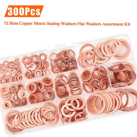 Copper Washer Kit With 12 Sizes And 300 Pieces, organized in compartments, showing metric sealing washers from M5 to M20.