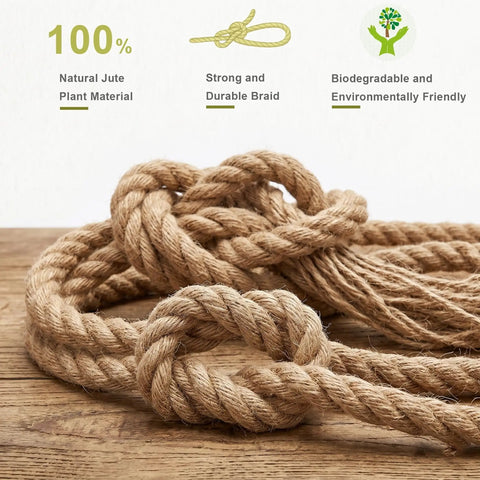 Heavy Duty Half Inch Jute Rope 25 Feet For DIY Cat Scratching Posts Hammocks Nautical Decor And Home Projects Tight Four Strand Twist Strong 880 Lb Working Load shown with natural fibers