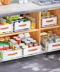 Top Shelf Pull Out Cabinet Organizer With Adhesive Nano Film Hella Sturdy Slide Out Pantry Shelves And Sliding Mesh Basket With Handle For Kitchen Bathroom And Home 11 Point 8 By 15 Point 7 By 6 Point 2 Inches White with organized pantry items.
