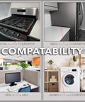 Diagram showing Stove Gap Filler Silicone Covers With Stainless Steel Clips' compatibility with various kitchen and office countertops.