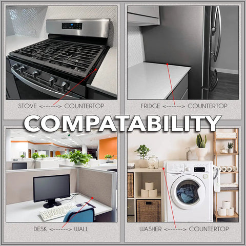 Diagram showing Stove Gap Filler Silicone Covers With Stainless Steel Clips' compatibility with various kitchen and office countertops.