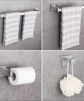 Brushed Nickel Square Bathroom Accessories Set With 24 Inch Towel Bar Wall Mounted Tough Stainless Steel Hardware Includes Hand Towel Holder Toilet Paper Roll Dispenser And Two Robe Hooks For Easy Organization In Any Modern Bath displayed on wall with towels and holder