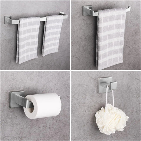 Brushed Nickel Square Bathroom Accessories Set With 24 Inch Towel Bar Wall Mounted Tough Stainless Steel Hardware Includes Hand Towel Holder Toilet Paper Roll Dispenser And Two Robe Hooks For Easy Organization In Any Modern Bath displayed on wall with towels and holder