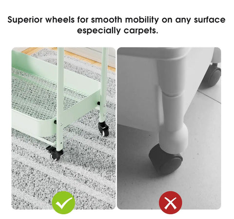 Comparison of superior wheels on No Tools Needed Foldable Rolling Cart with inferior wheels, highlighting mobility on carpets.