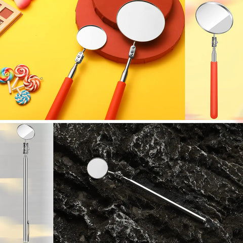 Three Piece Telescoping Inspection Mirror Set With Adjustable Round Mirrors In Orange on display with extendable handles.