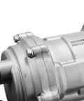 Close-up of Heavy Duty 12 Volt Universal Auto AC Electric Compressor 20CC R134A Compatible with metal finish and bolts.