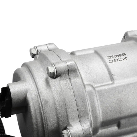 Close-up of Heavy Duty 12 Volt Universal Auto AC Electric Compressor 20CC R134A Compatible with metal finish and bolts.