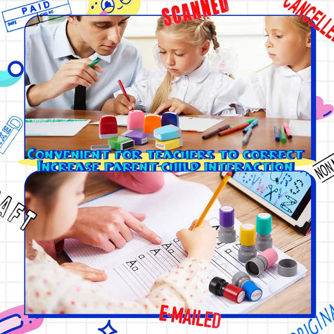 Top Shelf Fourteen Piece Self Inking Office Stamp Set Featuring Slick Business Message Designs For Approved Paid Copy Faxed And Scanned Papers That Make Desk Work Go With Zero Sweat in use with teachers and children.