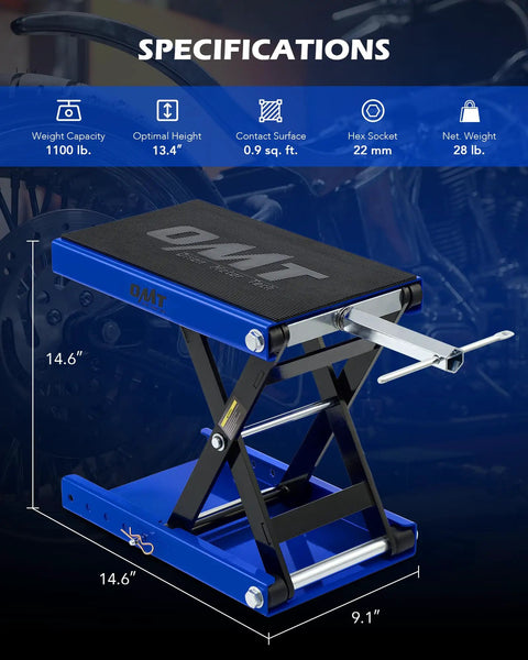 Front view of Beefed Up Heavy Duty Motorcycle Lift Jack Up To 1100 Pound With Wide Deck Scissor Lift T Handle Three Eighths Inch Socket.