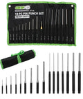 18-Piece Pro Grade Heavy Duty Roll Pin Punch Gunsmithing Set With Roll Pin Punches, Long Pin Punches And Center Punch shown with pouch