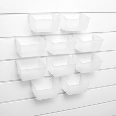 Wall-mounted Grab And Go Garage Storage 10 Pack Small ProBins for PVC Slatwall Snap In Design, holds up to 33 lbs each.