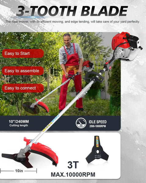 Man using Beast 52cc Gas Weed Wacker Multi Tool with brush cutter attachment for efficient yard work, red and gray design.