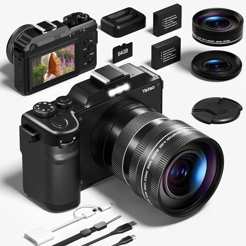 64MP 4K 5K Digital Camera Kit With WiFi For YouTube Vlogging Front And Rear Dual Cameras For Easy Selfies, includes accessories