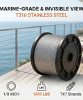One Eighth Inch 400 Foot T316 Marine Grade Stainless Steel Wire Rope With 7x7 Strand 1800 Lbs Breaking Strength spool by deck
