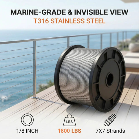 One Eighth Inch 400 Foot T316 Marine Grade Stainless Steel Wire Rope With 7x7 Strand 1800 Lbs Breaking Strength spool by deck