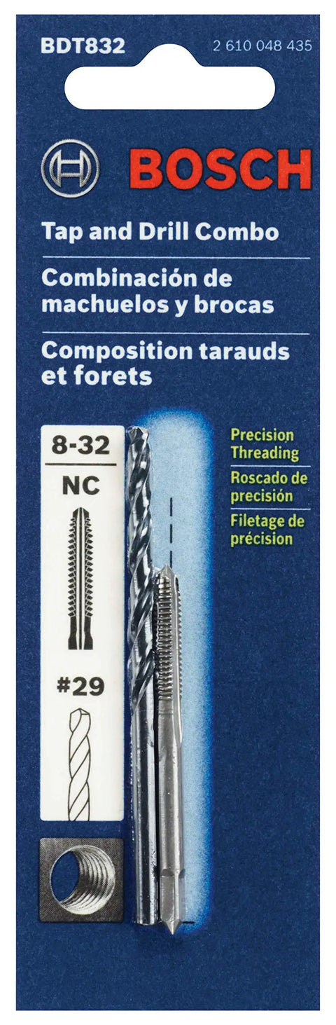 Bosch 8-32 Plug Tap and No 29 Drill Bit Combo Set for Metalworking in packaging, showing tap and drill bits for precise threading
