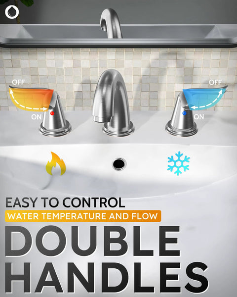 Brushed Nickel Widespread Bathroom Faucet With Two Handles, 3 Hole Installation, Adjustable 4 To 16 Inch Spread, Solid Brass and Stainless Steel Build, Drip Free Ceramic Cartridge, Pop Up Drain Stopper Included, showing easy control of water temperature with double handles.