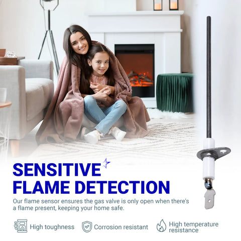 Ultra Durable 52W29 Furnace Flame Sensor Replacement For Lennox Armstrong And Ducane Furnaces Replaces 52W2901 LB47940A 31L71 31L7101 with family in cozy room and sensor details on the side.