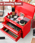 Mini Metal Tool Box With Two Drawers And Top Storage, Cold Rolled Steel Chest holding makeup items, red color, top view
