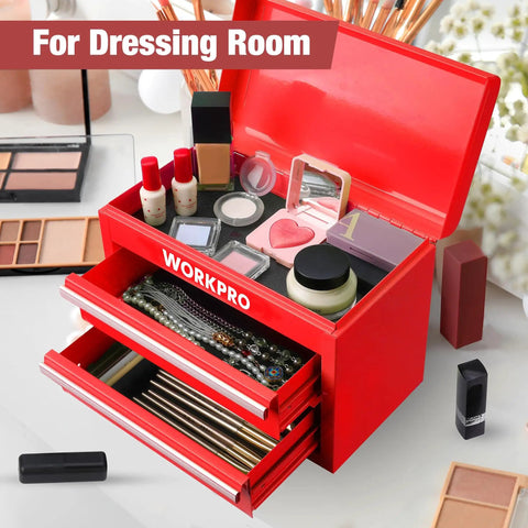 Mini Metal Tool Box With Two Drawers And Top Storage, Cold Rolled Steel Chest holding makeup items, red color, top view