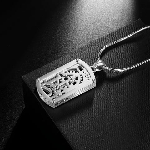 Steampunk Gear Dog Tag Necklace With Rotating Mechanical Pendant In Stainless Steel, Adjustable 22 To 24 Inch Snake Chain