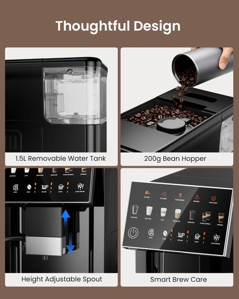 Design features of Top Shelf Automatic Espresso Machine With Built In Grinder And Touch Panel, including water tank, bean hopper, and control panel.