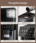 Fully Automatic Espresso Machine With Integrated Grinder And Auto Milk Frother features a 1.5L water tank and 200g bean hopper.